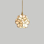 Cluster of coloured glass petal pendant lights at varied heights