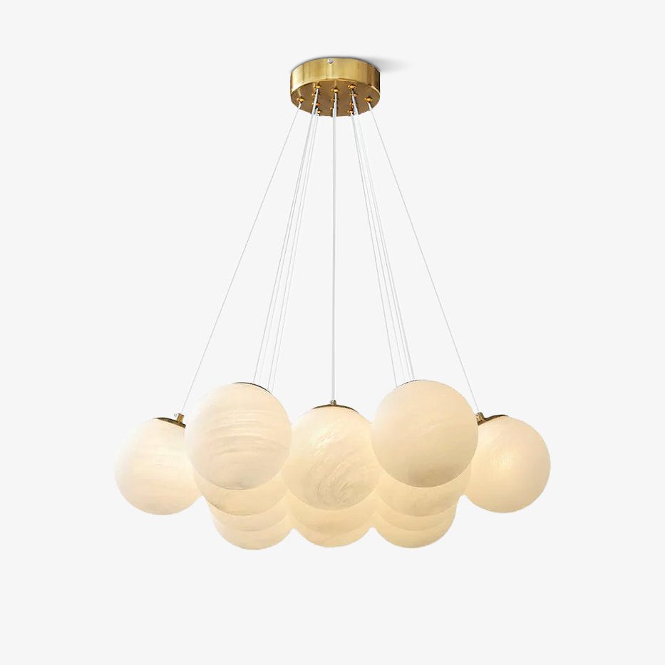 Another studio view of this lit Clérachic cluster chandelier, its frosted globes glowing warmly beneath fine cords.