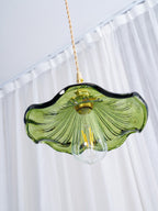 Clear glass hibiscus swag light glowing in a cosy nook