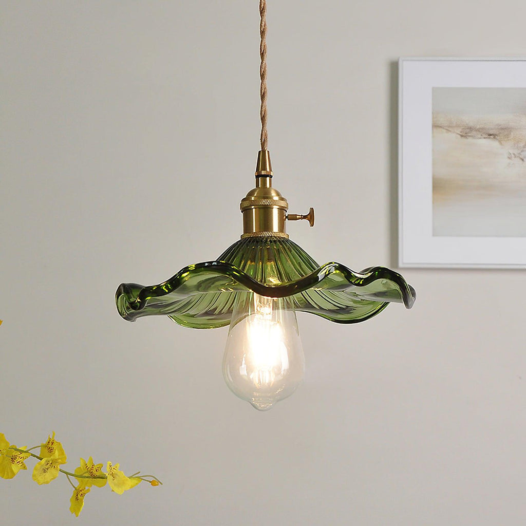 Brushed brass hibiscus swag light with blossom glass shade