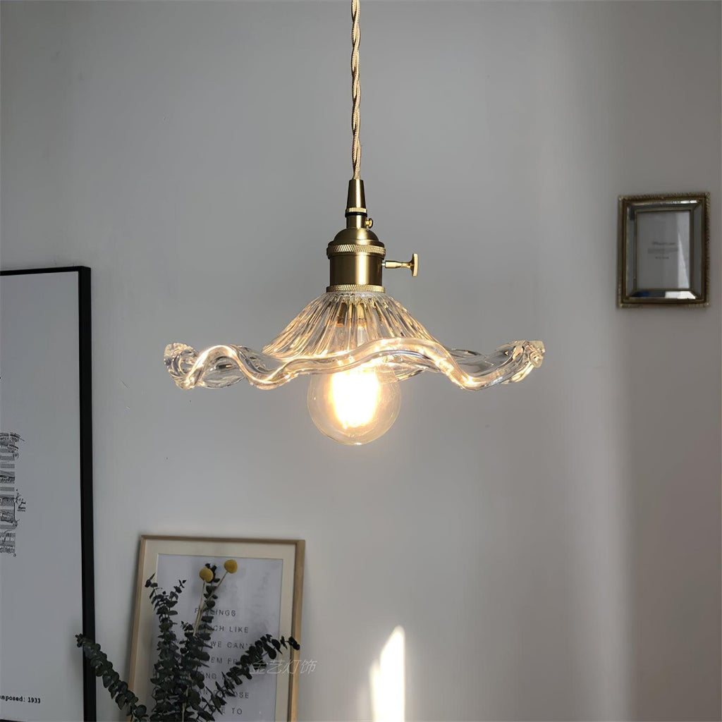 Hibiscus glass swag light with warm Edison bulb glow