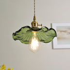 Brass hibiscus swag light with fluted glass shade detail