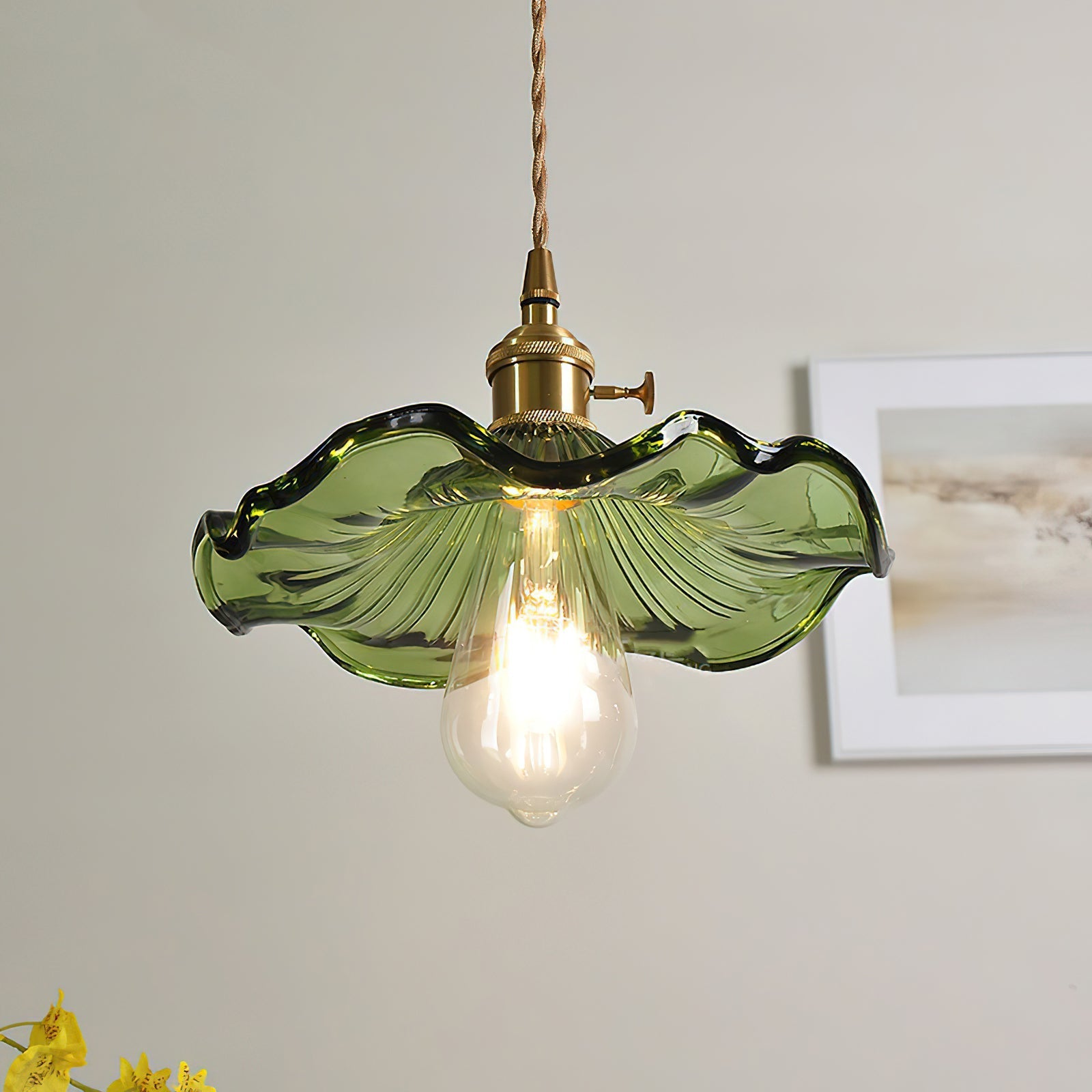 Brass hibiscus swag light with fluted glass shade detail