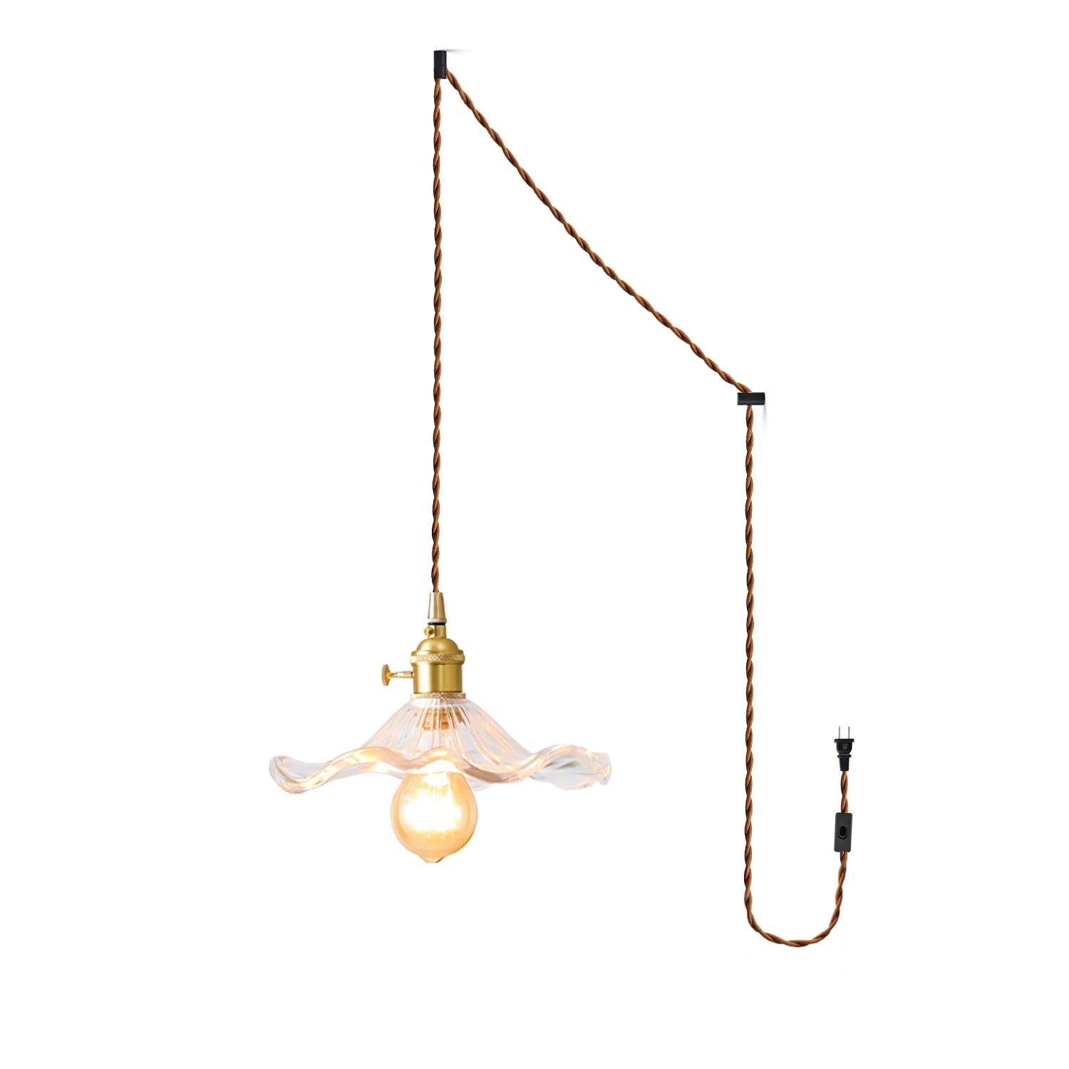 Plug-in hibiscus swag light with warm filament bulb glow