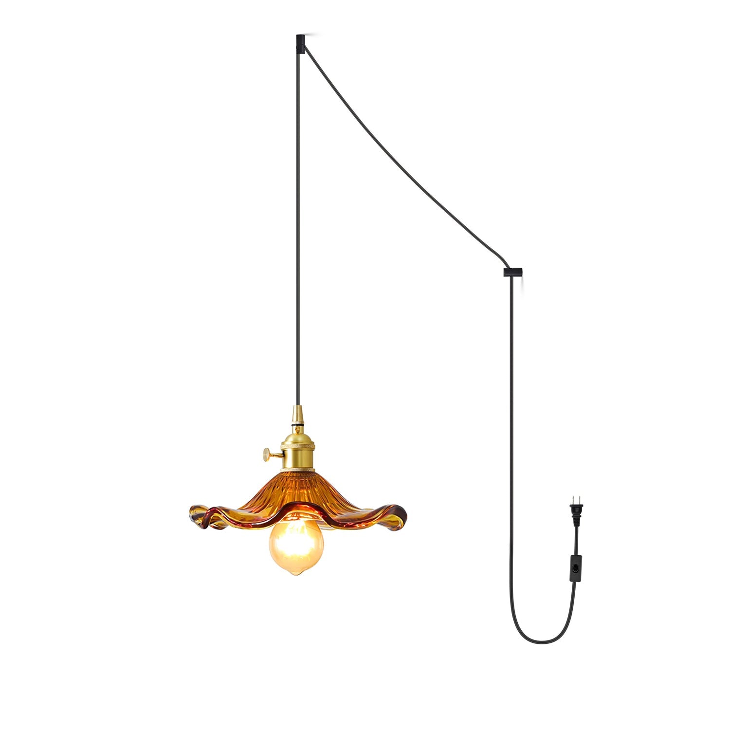 Brushed brass swag light with fluted glass blossom shade
