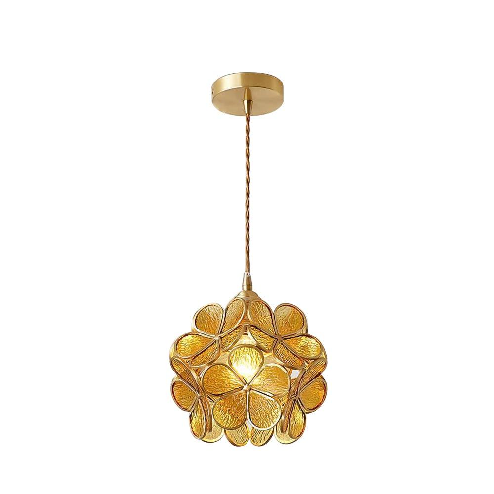 Handblown glass petal pendant light shown lit in a hallway