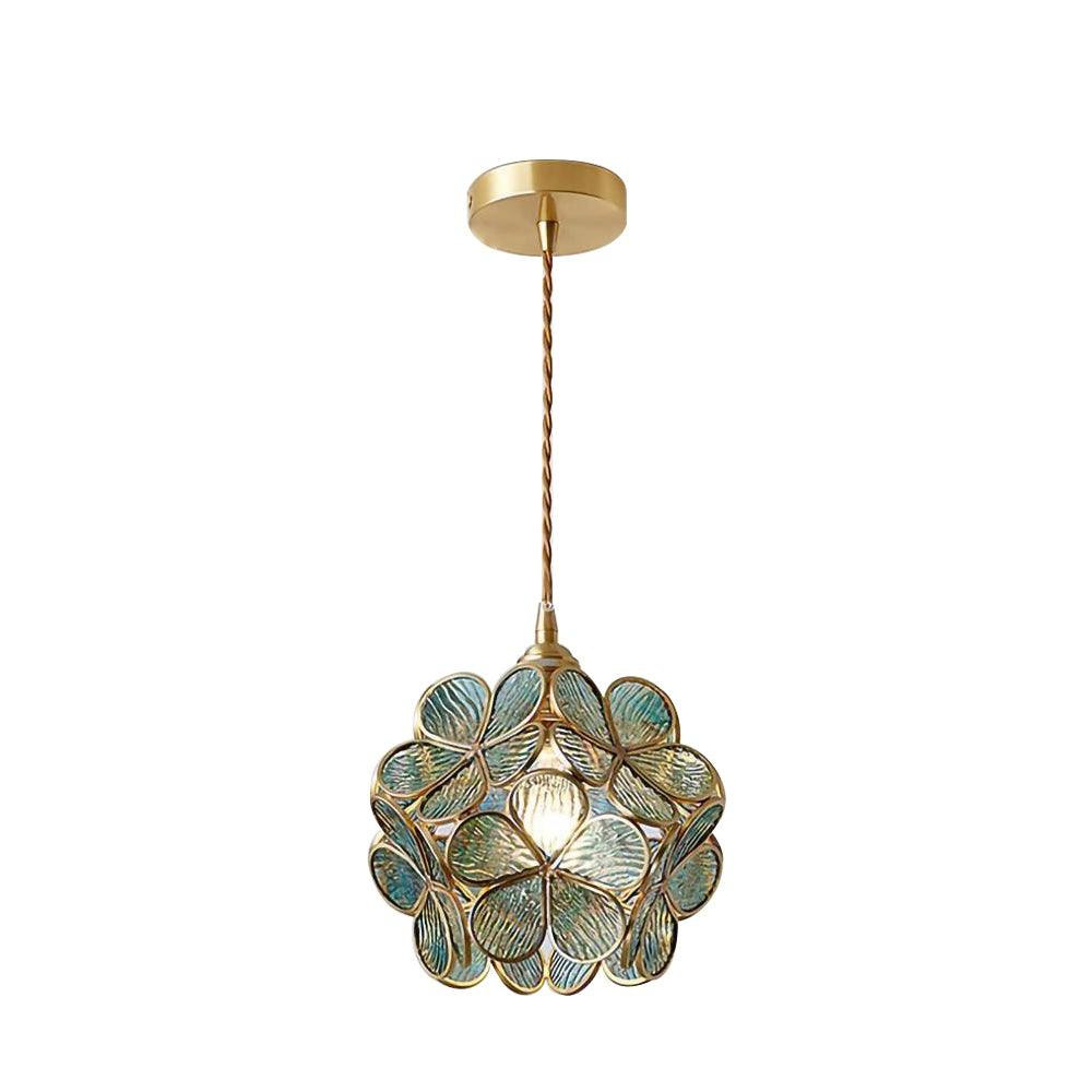 Blue handblown glass petal pendant light softly lit