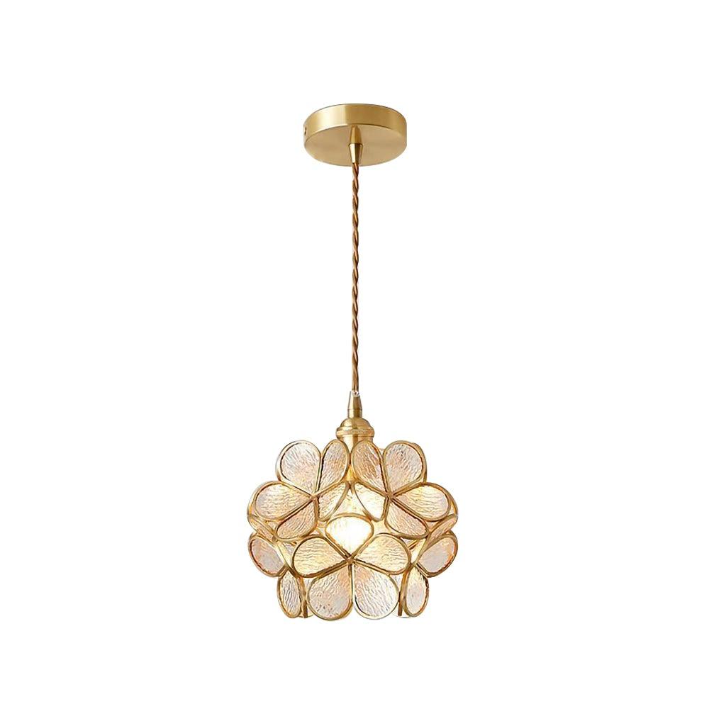 Glass petal pendant light cluster over a kitchen counter