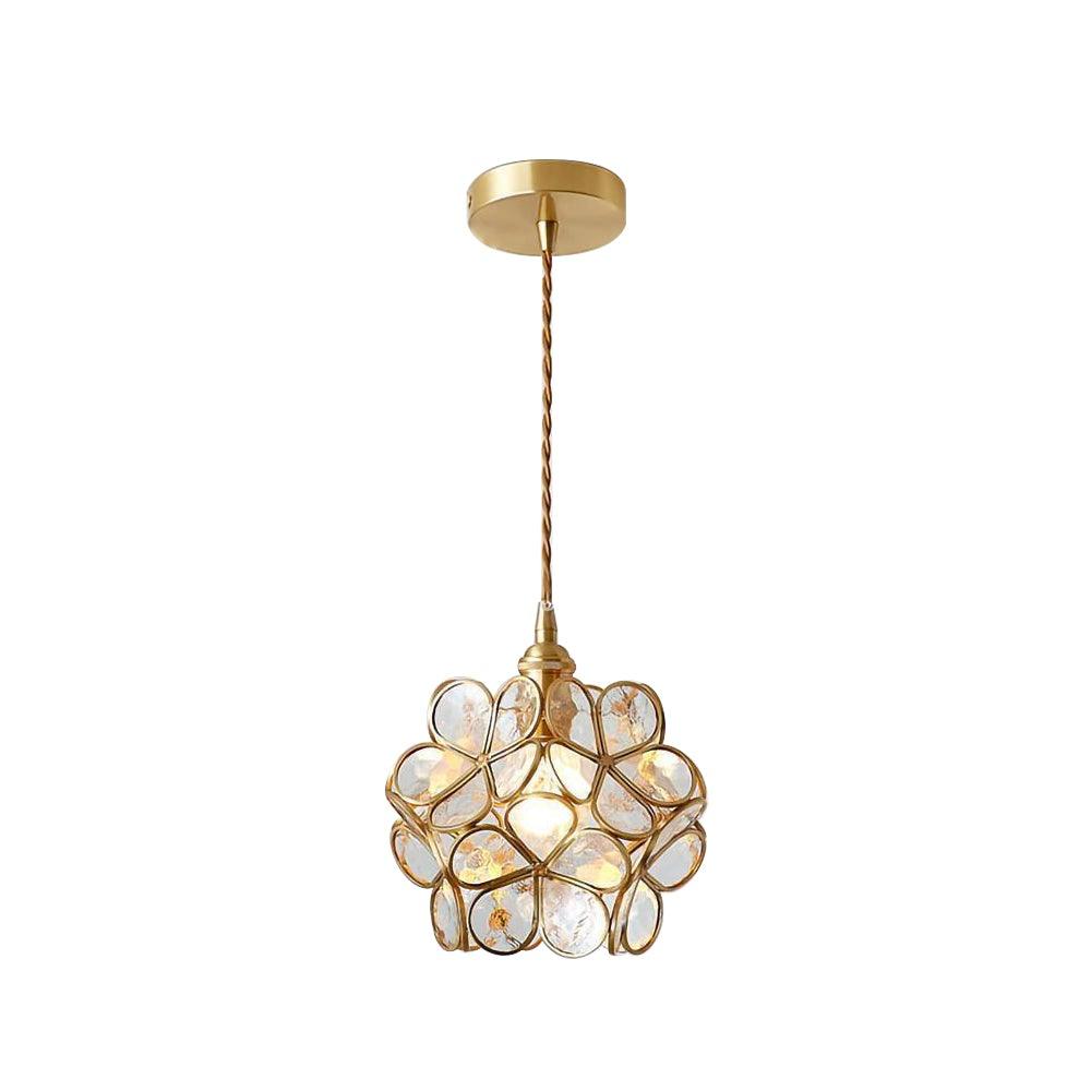 Yellow glass petal pendant light with brass fitting lit