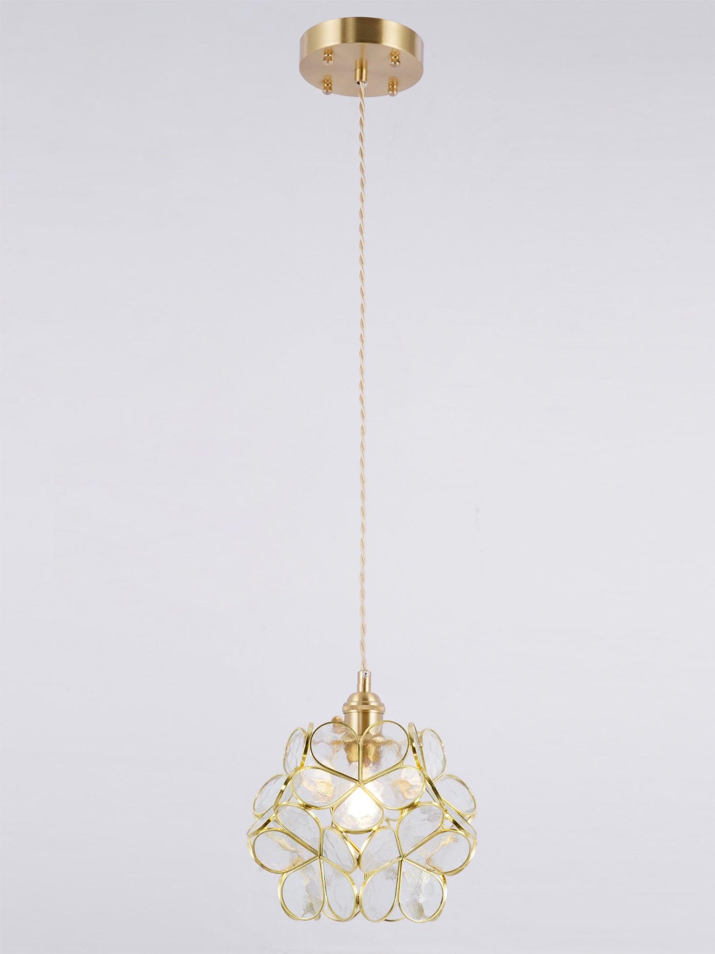 White glass petal pendant light with brass suspension fitting
