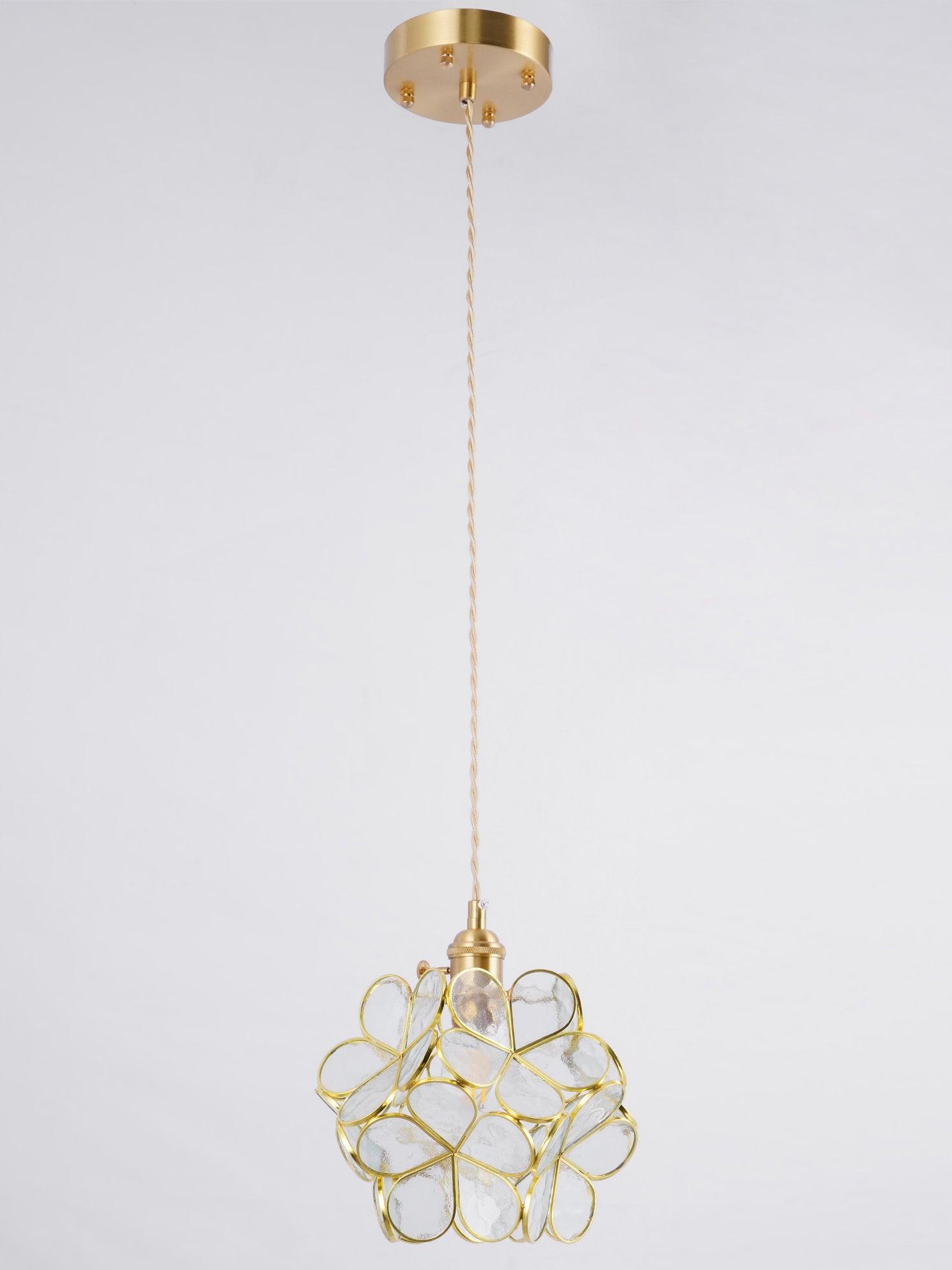 Pink glass petal pendant light with warm brass fitting