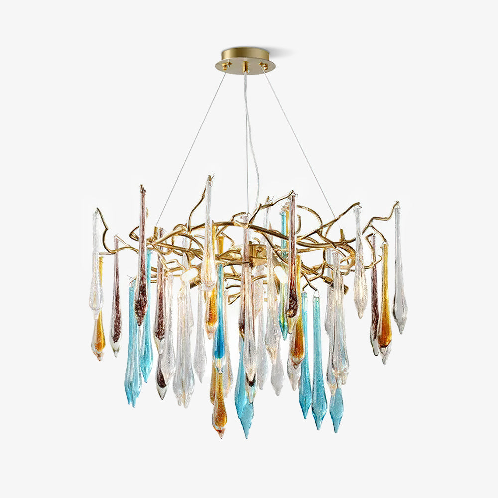 Full view on white of the teardrop chandelier, gold ceiling plate and cables above the ring of glass drops.