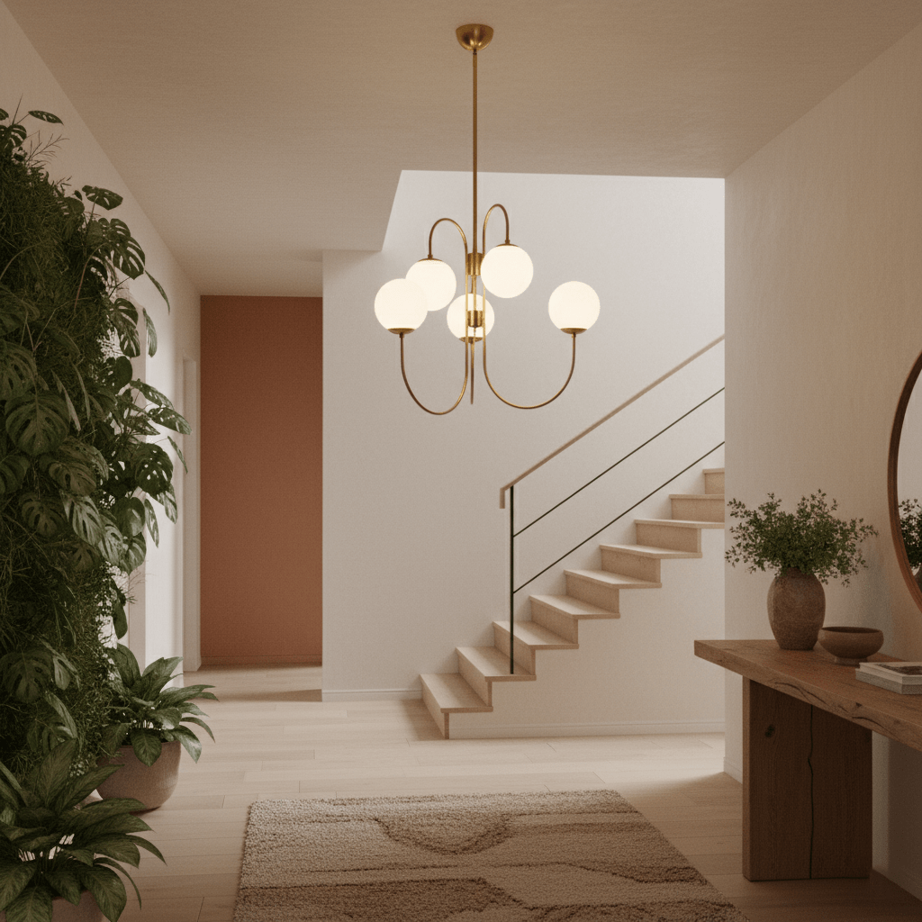 Gold gooseneck chandelier with curved iron arms and glass globes