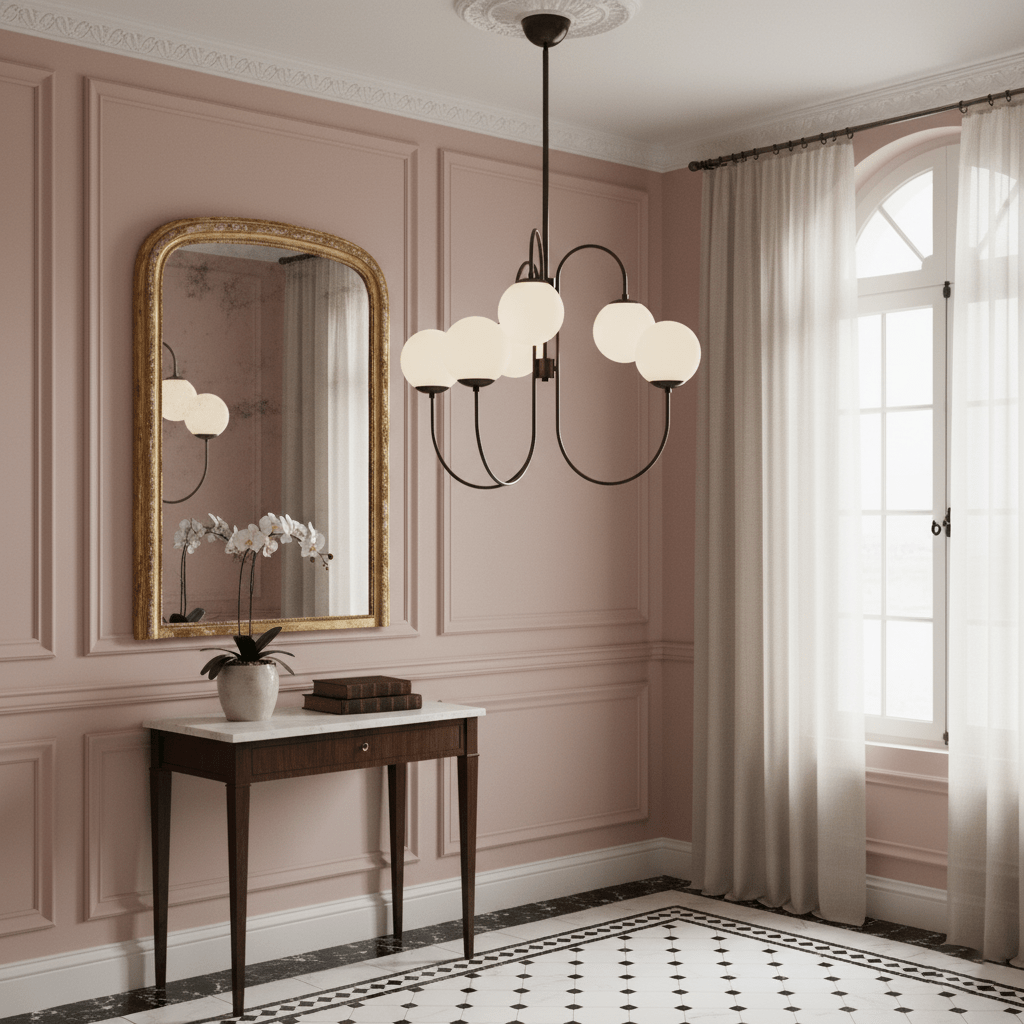 Gooseneck chandelier white glass globe and iron arm detail