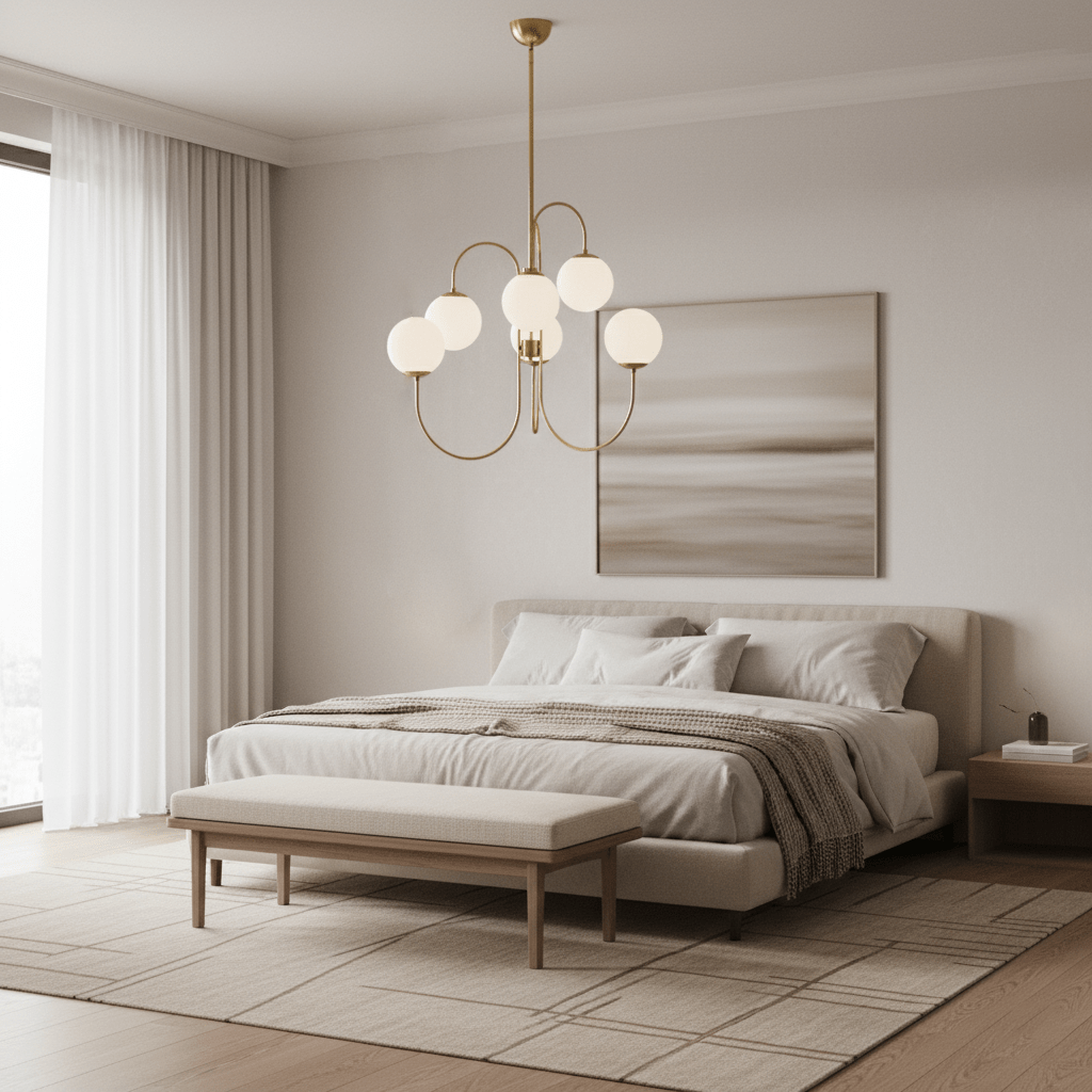 Gooseneck chandelier arms sweeping outward to glass globes