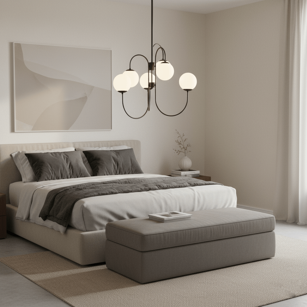Gold gooseneck chandelier with white glass globes lit warm