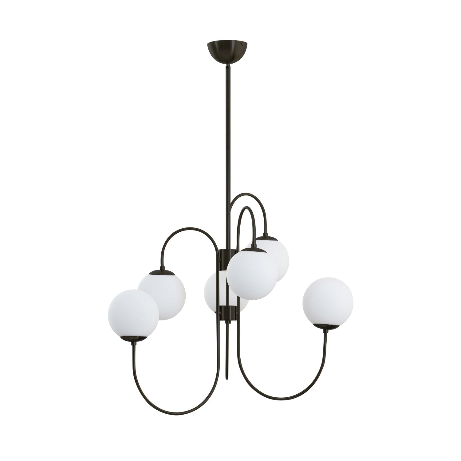Gooseneck chandelier with white glass globes lit warmly