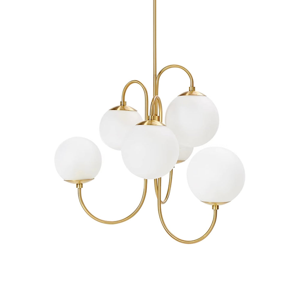 Gooseneck Chandelier, Wrought Iron, White Glass Globes, E14