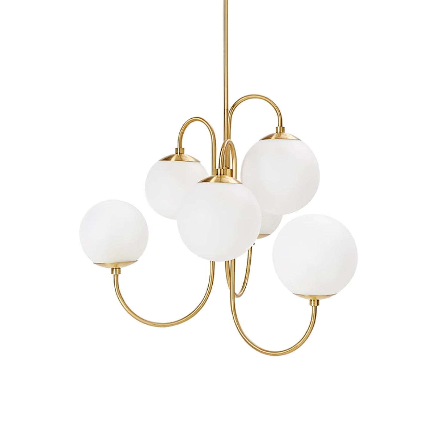 Gooseneck Chandelier, Wrought Iron, White Glass Globes, E14