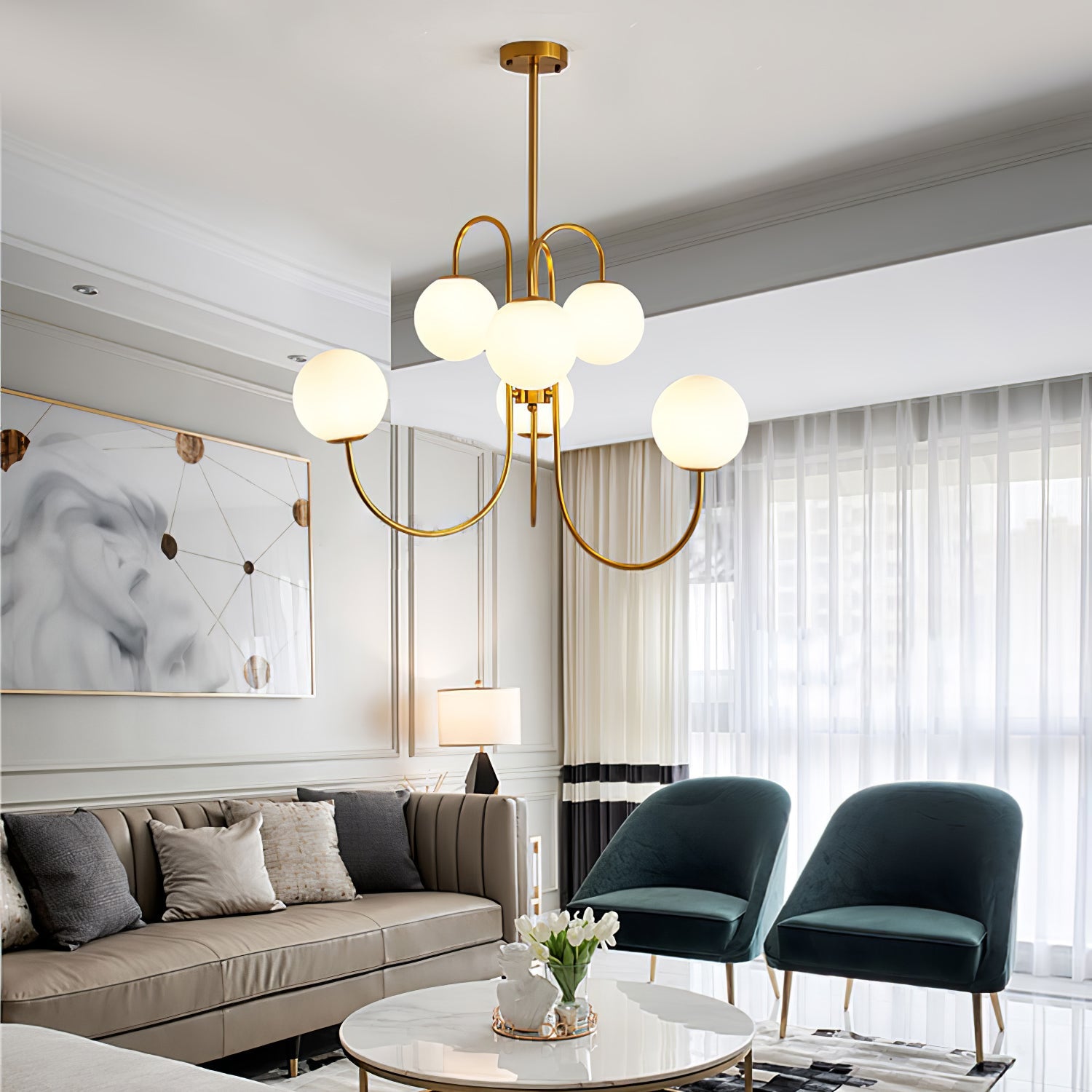 Gooseneck chandelier with curved iron arms over a dining space
