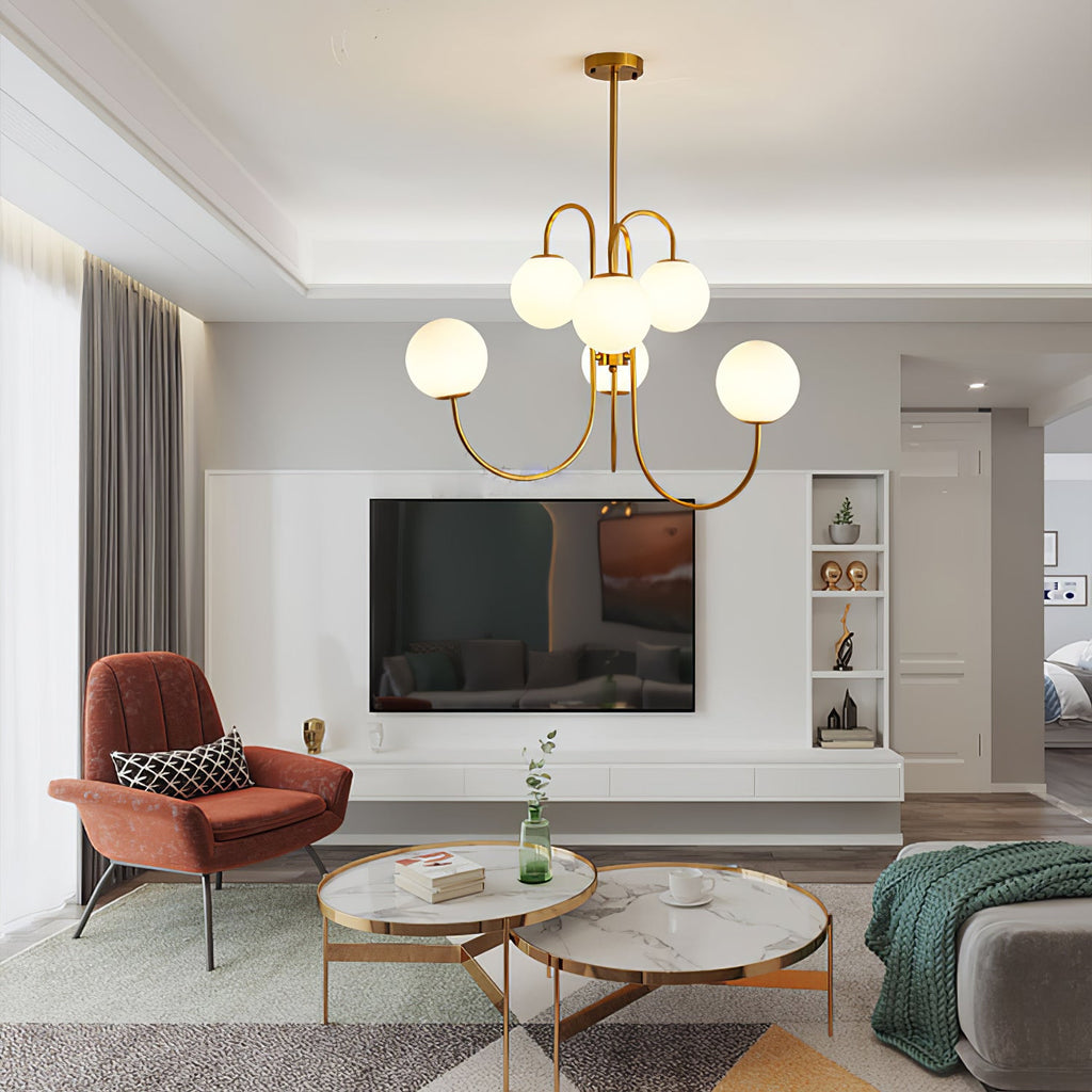 Curved-arm gooseneck chandelier with white glass globe shades
