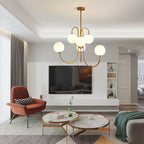 Curved-arm gooseneck chandelier with white glass globe shades