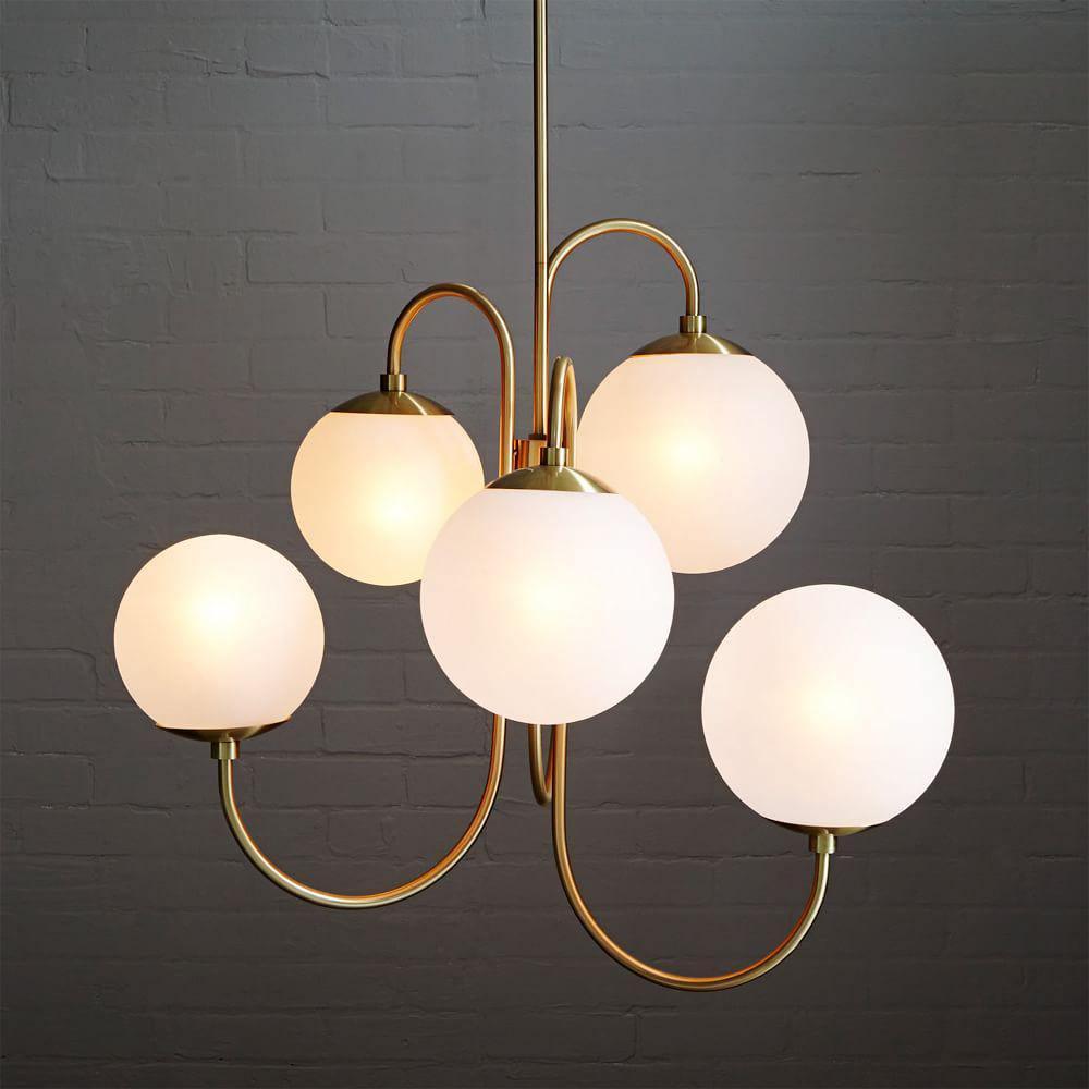 Gooseneck Chandelier, Wrought Iron, White Glass Globes, E14