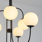 Gooseneck Chandelier, Wrought Iron, White Glass Globes, E14