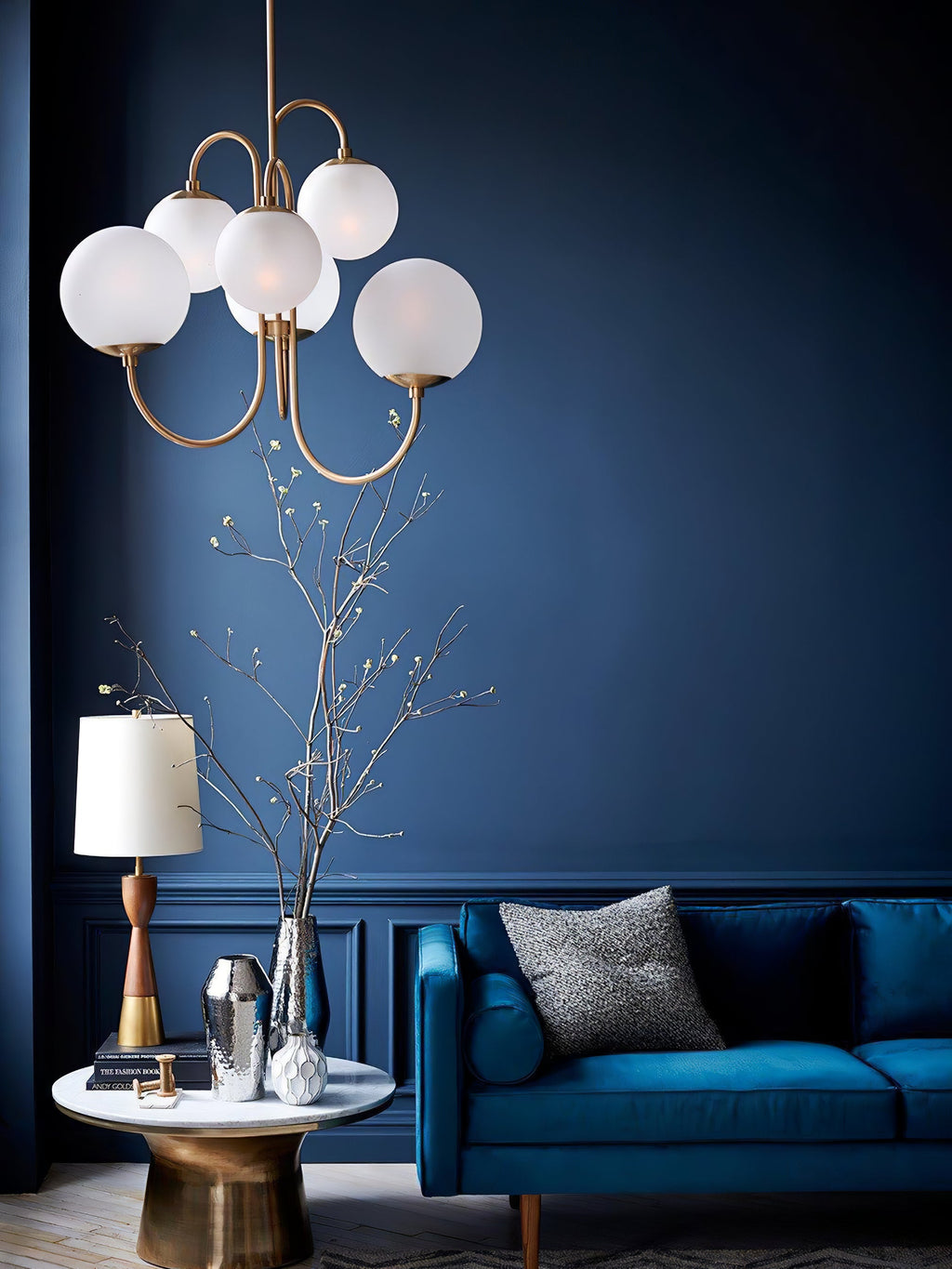 Gooseneck Chandelier, Wrought Iron, White Glass Globes, E14