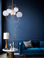Gooseneck Chandelier, Wrought Iron, White Glass Globes, E14