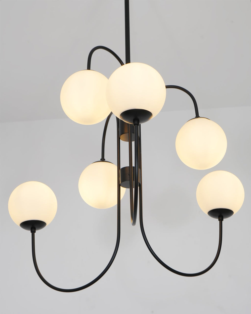 Gooseneck Chandelier, Wrought Iron, White Glass Globes, E14
