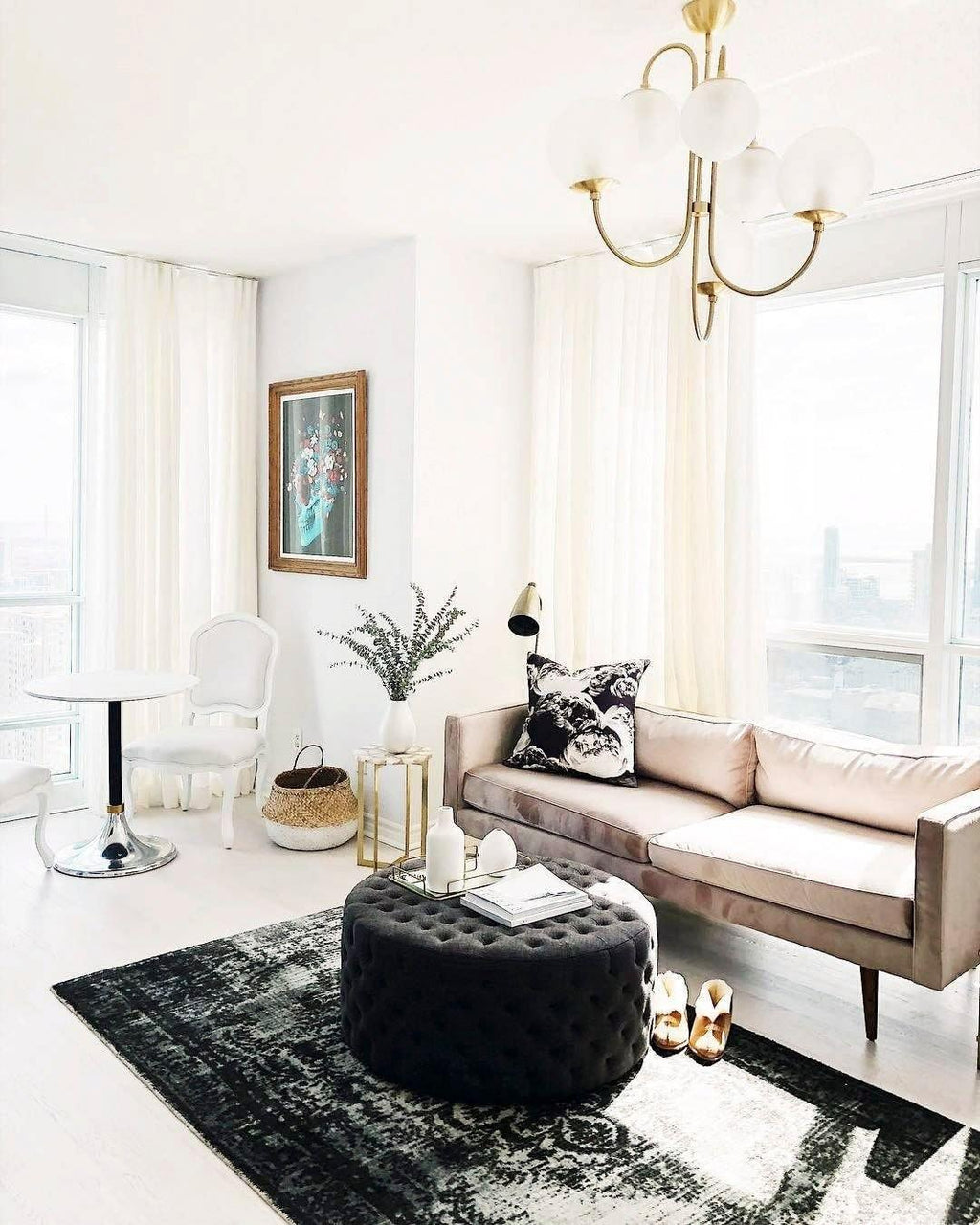 Gooseneck Chandelier, Wrought Iron, White Glass Globes, E14