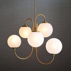 Gooseneck Chandelier, Wrought Iron, White Glass Globes, E14