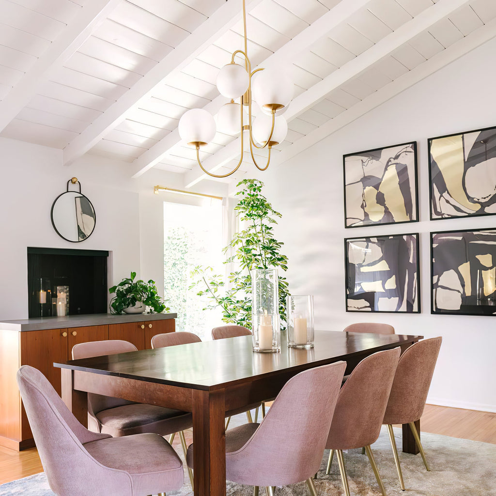 Gooseneck Chandelier, Wrought Iron, White Glass Globes, E14