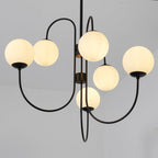 Gooseneck Chandelier, Wrought Iron, White Glass Globes, E14