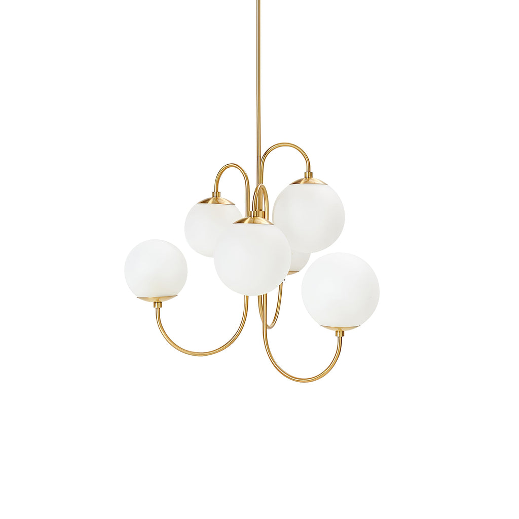 Gooseneck Chandelier, Wrought Iron, White Glass Globes, E14