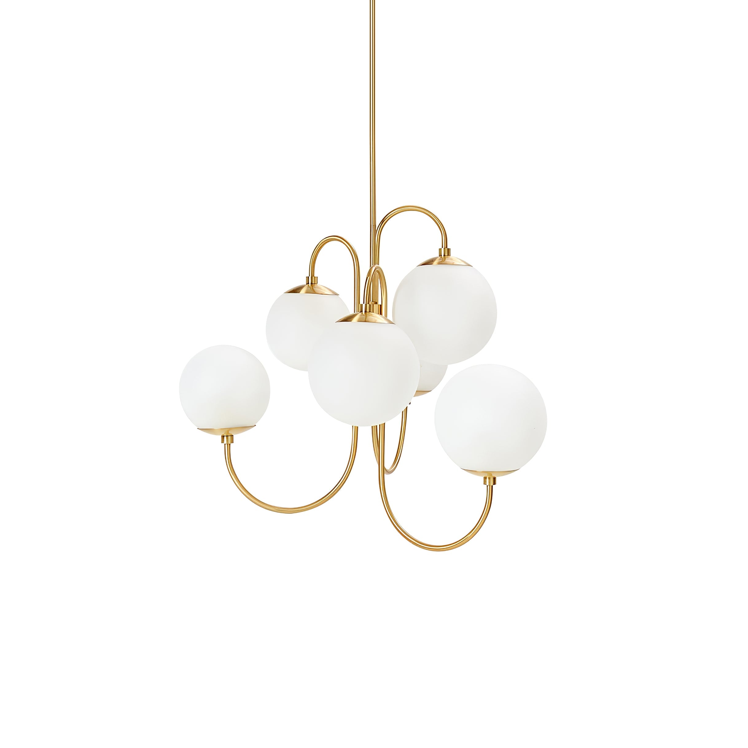 Gooseneck Chandelier, Wrought Iron, White Glass Globes, E14