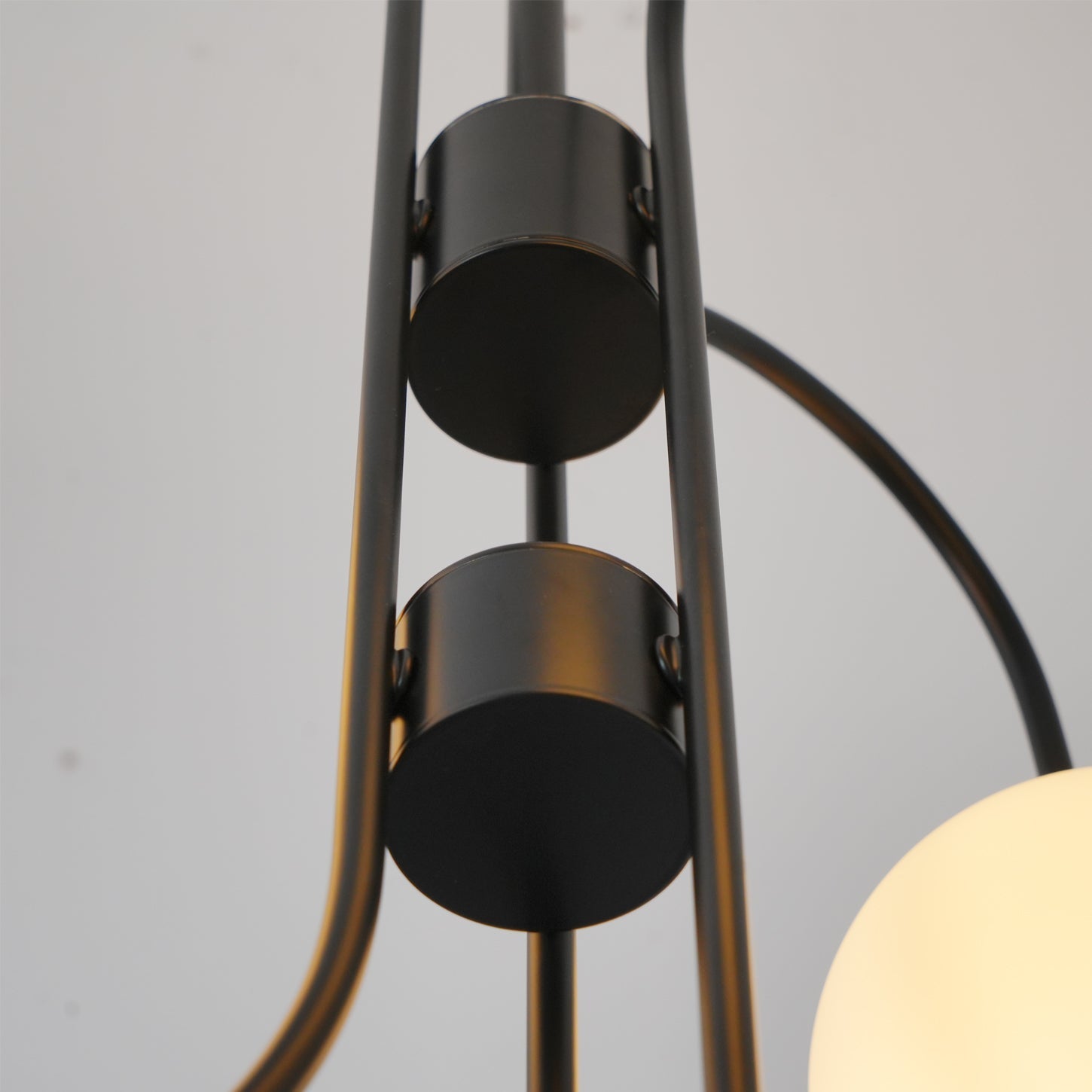 Gooseneck Chandelier, Wrought Iron, White Glass Globes, E14