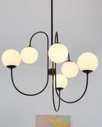 Gooseneck Chandelier, Wrought Iron, White Glass Globes, E14