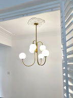 Gooseneck Chandelier, Wrought Iron, White Glass Globes, E14
