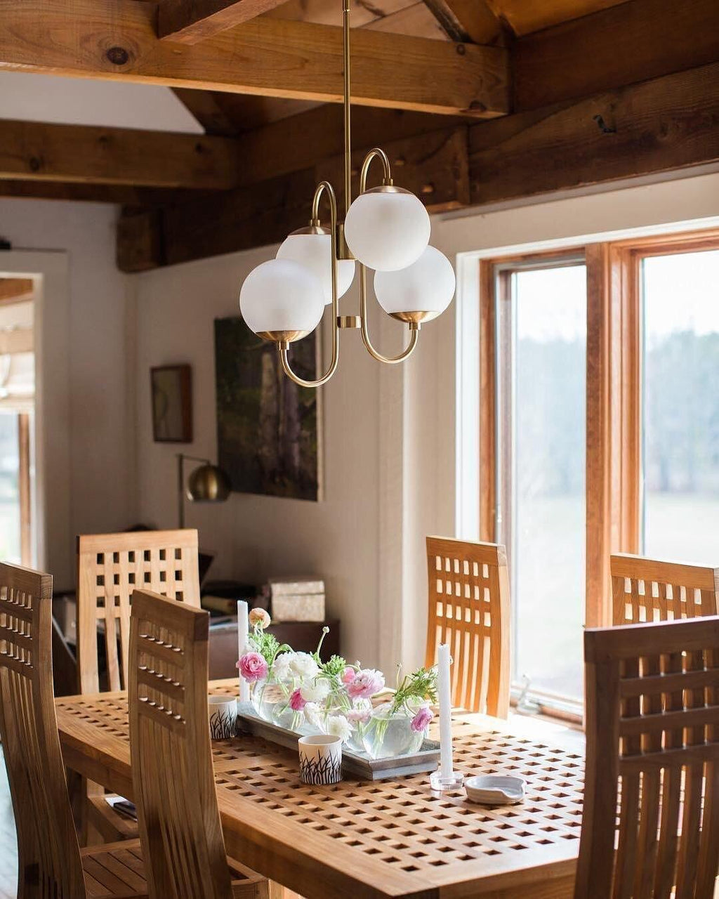 Gooseneck Chandelier, Wrought Iron, White Glass Globes, E14