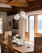 Gooseneck Chandelier, Wrought Iron, White Glass Globes, E14