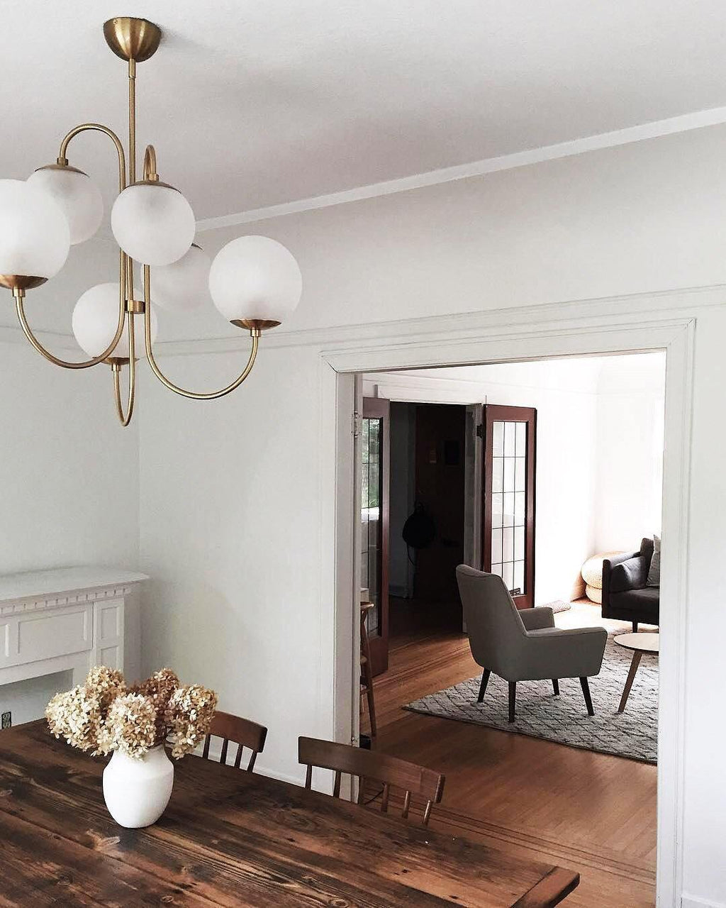 Gooseneck Chandelier, Wrought Iron, White Glass Globes, E14