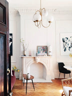 Gooseneck Chandelier, Wrought Iron, White Glass Globes, E14