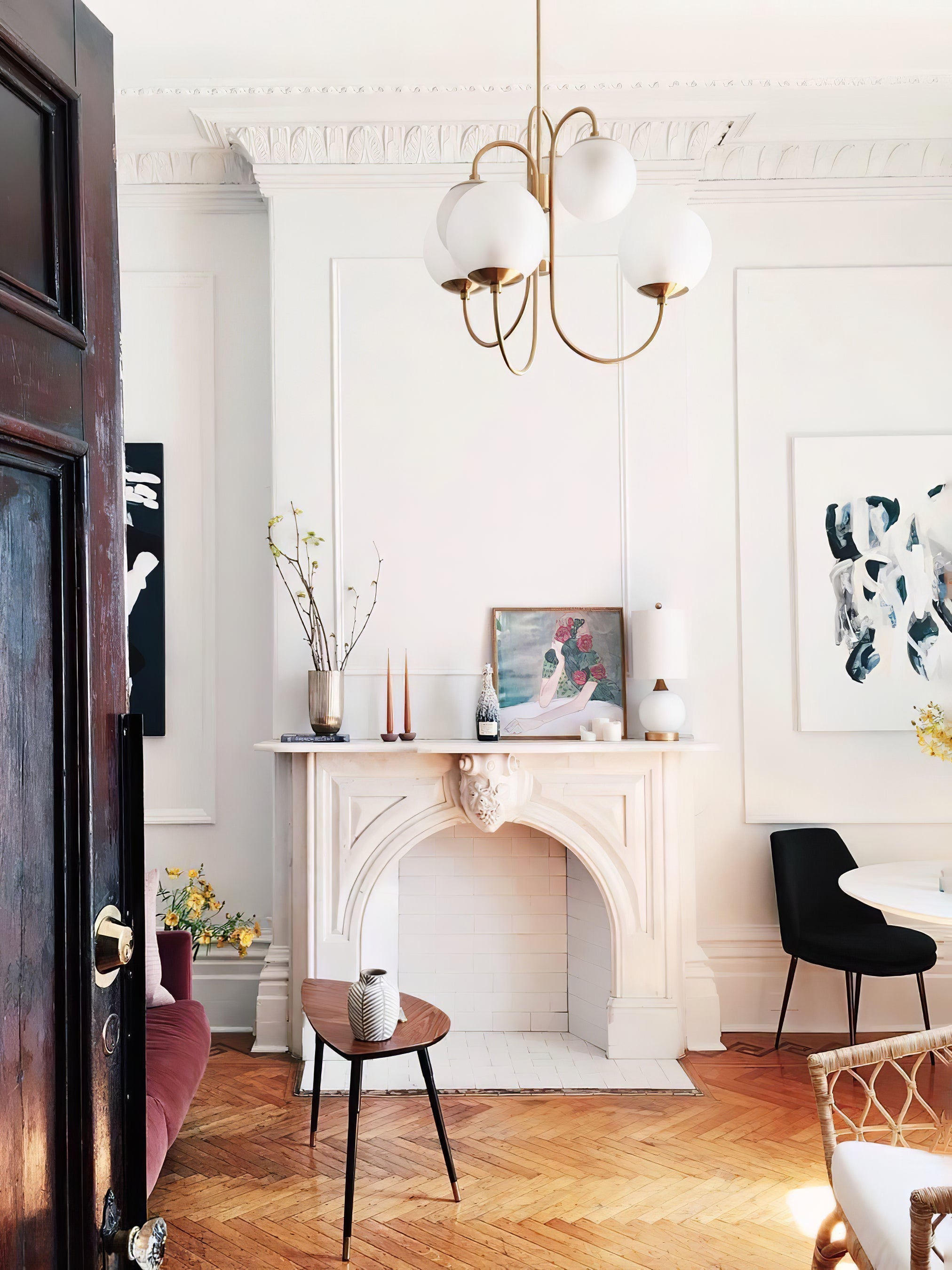 Gooseneck Chandelier, Wrought Iron, White Glass Globes, E14