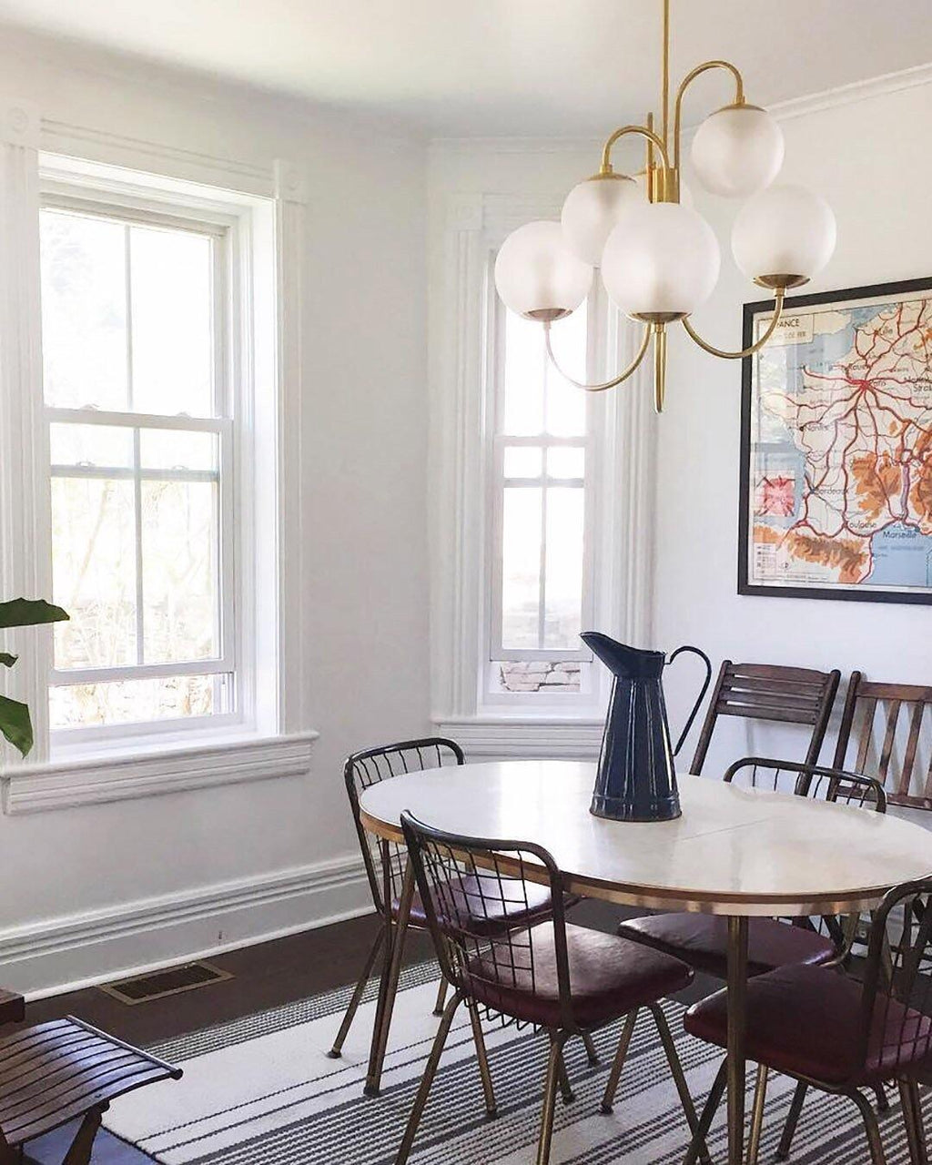 Gooseneck Chandelier, Wrought Iron, White Glass Globes, E14