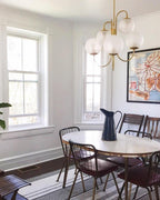 Gooseneck Chandelier, Wrought Iron, White Glass Globes, E14