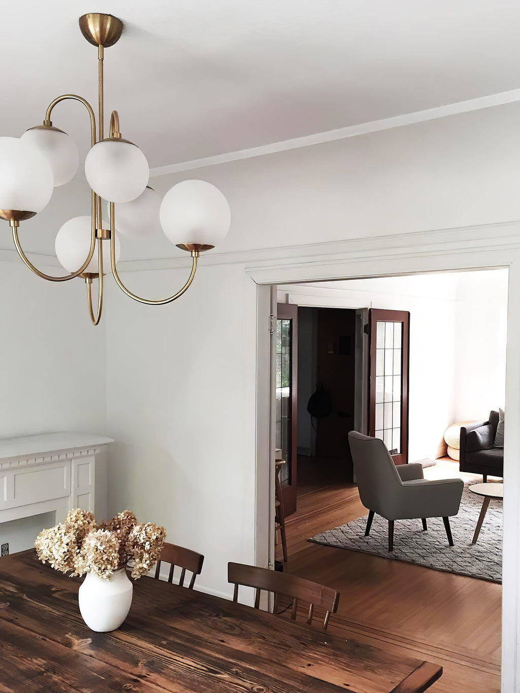 Gooseneck Chandelier, Wrought Iron, White Glass Globes, E14