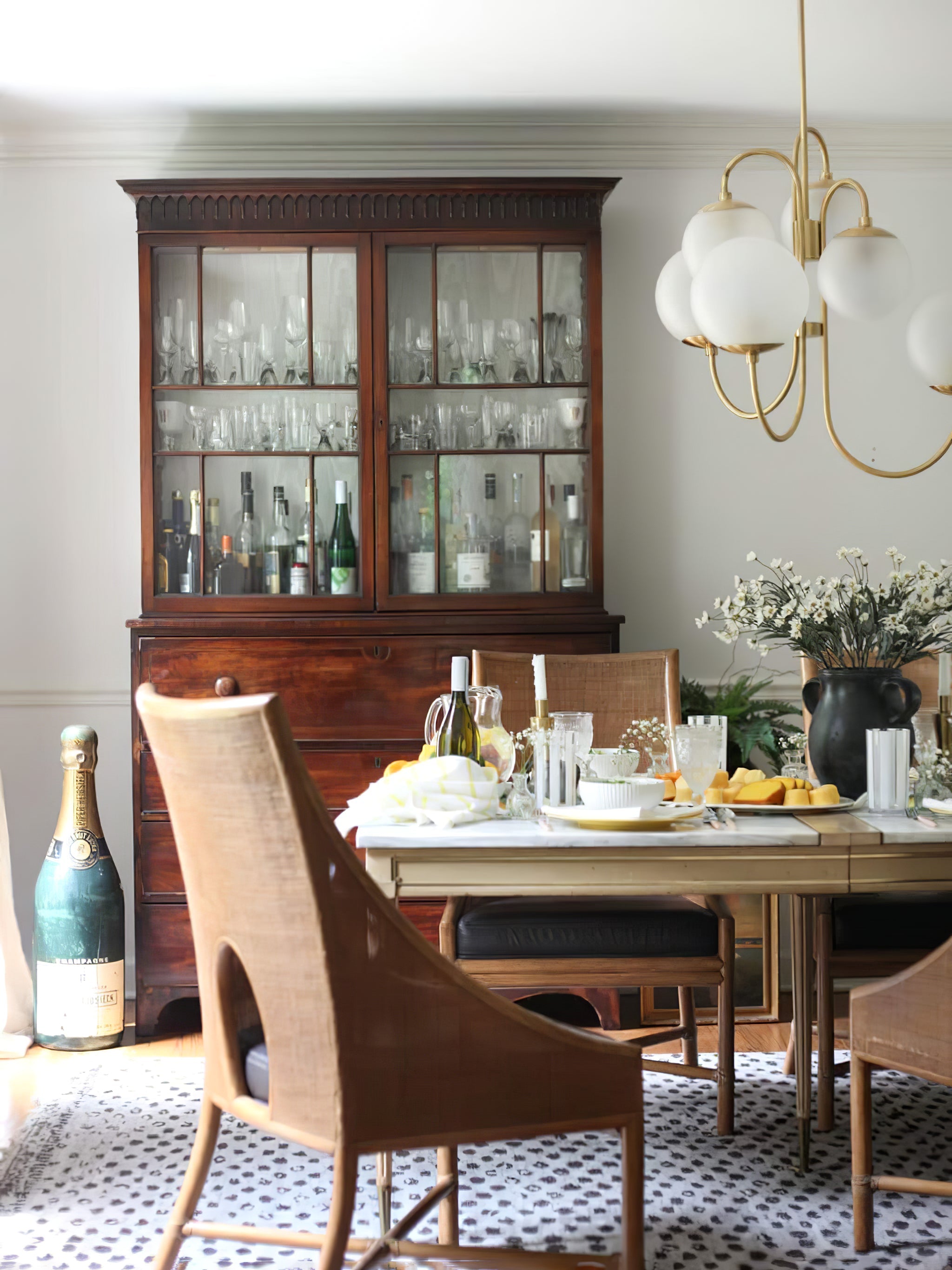 Gooseneck Chandelier, Wrought Iron, White Glass Globes, E14