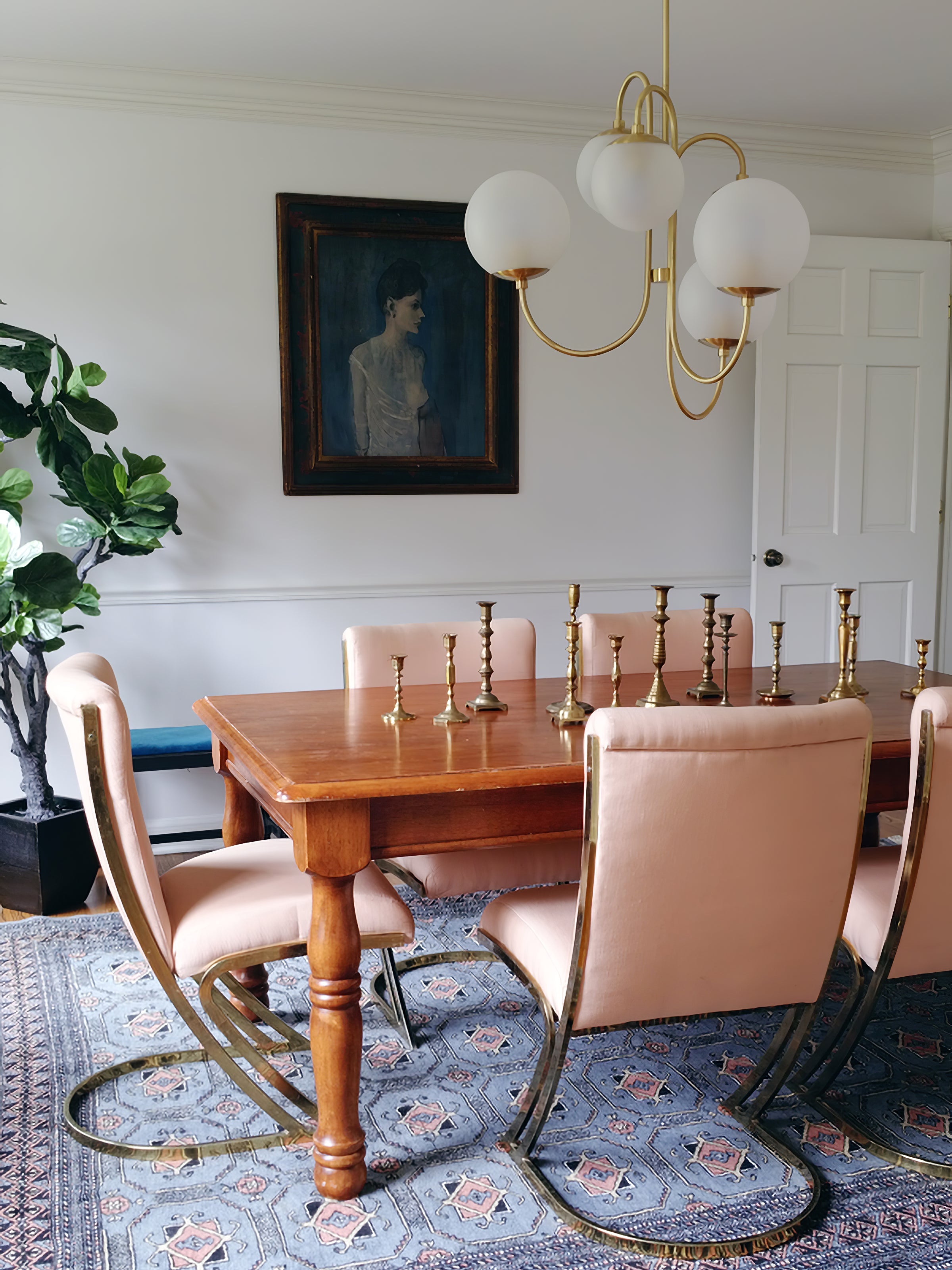 Gooseneck Chandelier, Wrought Iron, White Glass Globes, E14